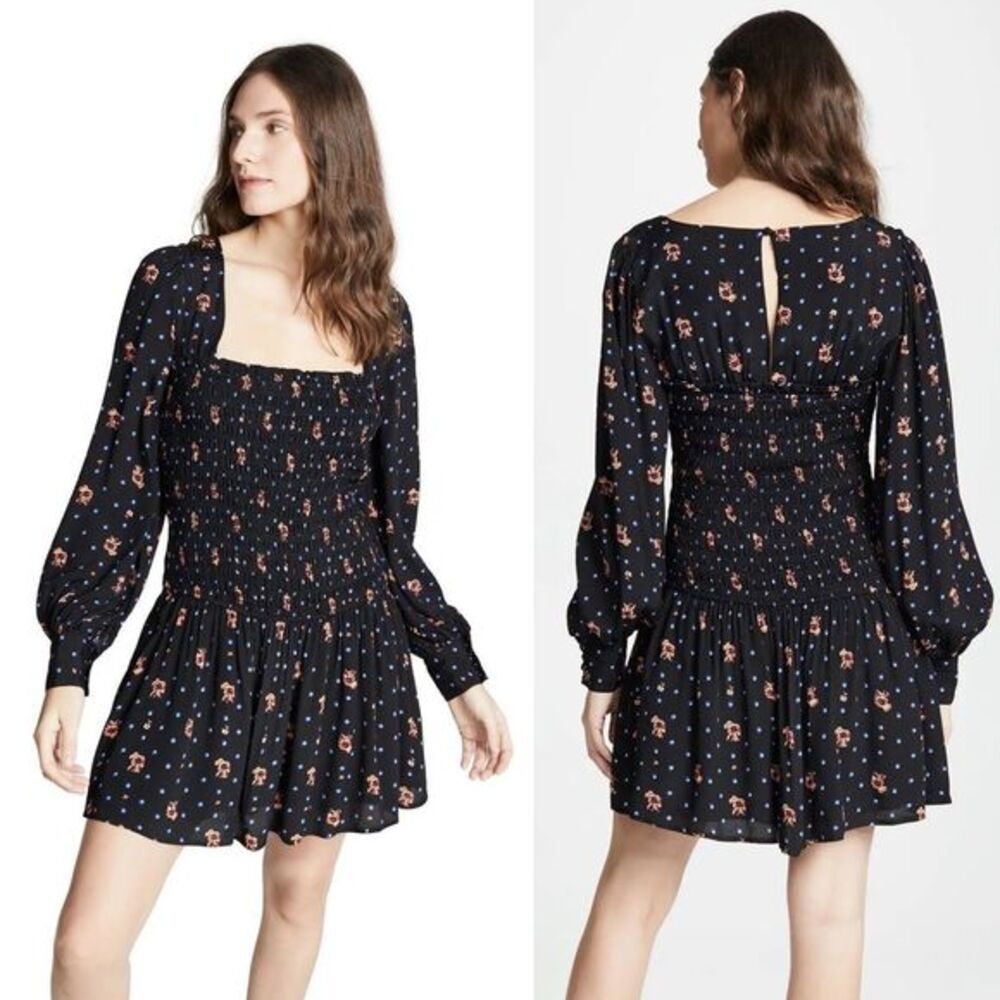 Free People Floral‎ Smocked Dress Medium Square Neck Billow Sleeve NWOT